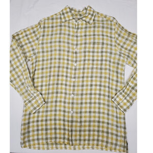 True Measure JL Powell Mens M Linen Plaid Shirt Yellow Olive Check
